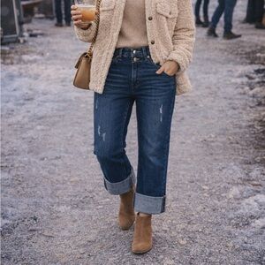 High Rise Straight Leg Cuffed Jeans Dark Wash Distressed Size 8 Casual Chic